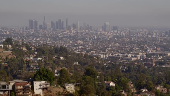 Aerial of houses and buildings in city