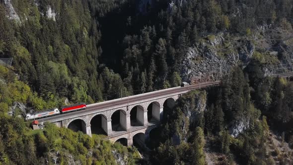 Aerial of Train on Viaduct in Semmering Railway, Austria