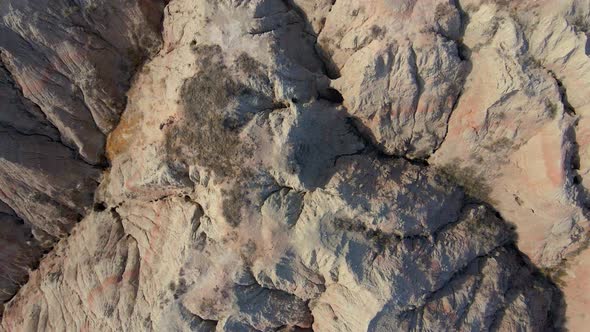 Badlands National Park, South Dakota aerial top down view over eroded hills in the natural landscape