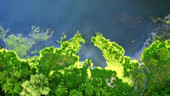 Aerial view of blooming algae on lake in spring, Poland