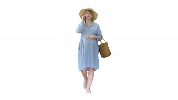 Beautiful Caucasian Pregnant Woman Making a Call on Summer Walk Outdoors on White Background.