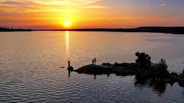 Aerial view landscape nature. Aerial shot of sunset over river in the countryside