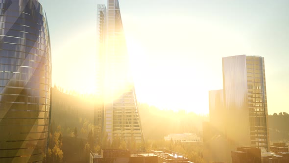 City Skyscrapes with Lense Flairs at Sunset alt
