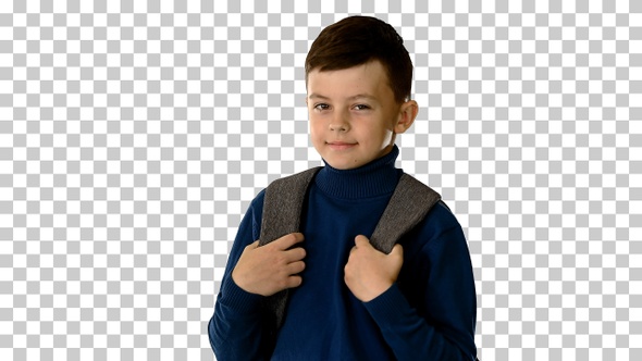 Boy in polo neck walking with a backpack, Alpha Channel