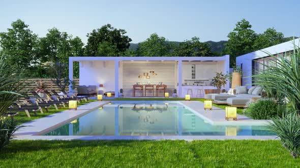 Luxury Villa Exterior With Swimming Pool, Sofa And Lounge Chairs.