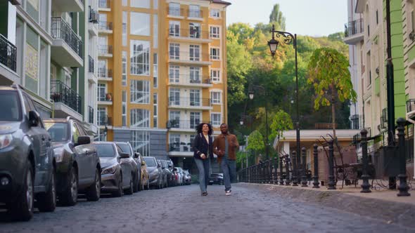 Girlfriend Boyfriend Enjoy Date Walking Modern Residential Complex Together