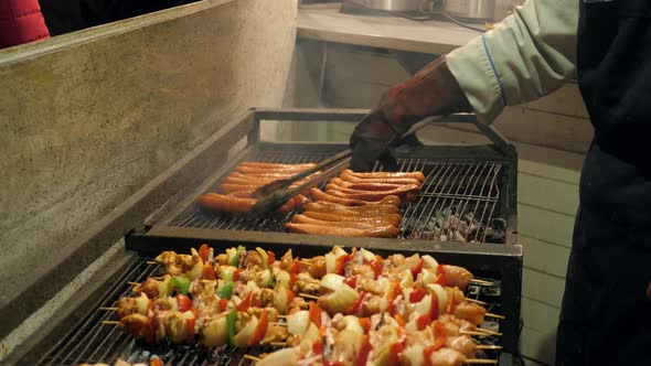 Steak Barbeque Cooking Grilling in Street Market in Prague Barbecue Grill with Various Kinds of Meat