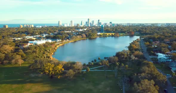 4K Aerial Video of Crescent Lake with Downtown St Petersburg, FL Skyline in Background