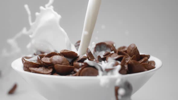 Milk Is Poured To the Bowl with Chocolate Corn Flakes in Slow Motion, Drops of Milk Falling