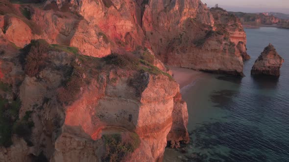 Aerial view of rocks and cliffs on the ocean shore