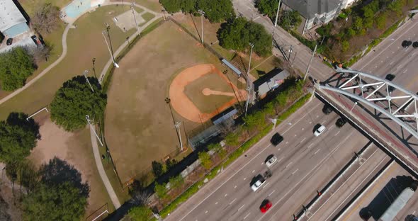 Aerial of cars on 59 South freeway in Houston, Texas on a bright sunny day