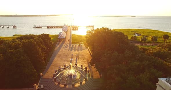 Aerial View of Waterfront Park Fountain and Pier in Charleston SC at Sunrise