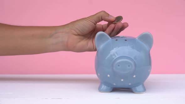 Hand Placing Coin in Piggy Bank