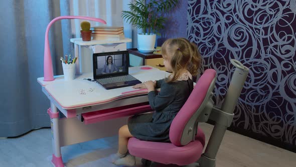 Girl Pupil Doing Homework with Woman Teacher Using Laptop Computer at Home Distance Education