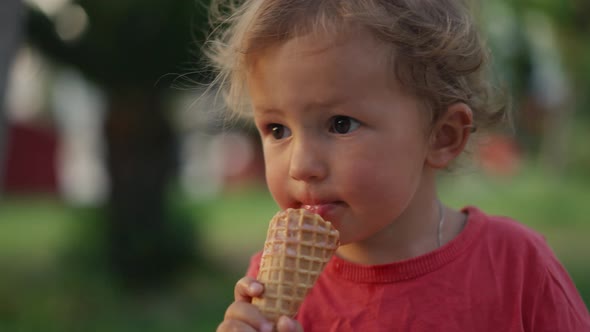 Fairhaired Boy Eats White Cold Cream Ice Cream in Waffle Cone Cup While Sitting Outside in Sunny