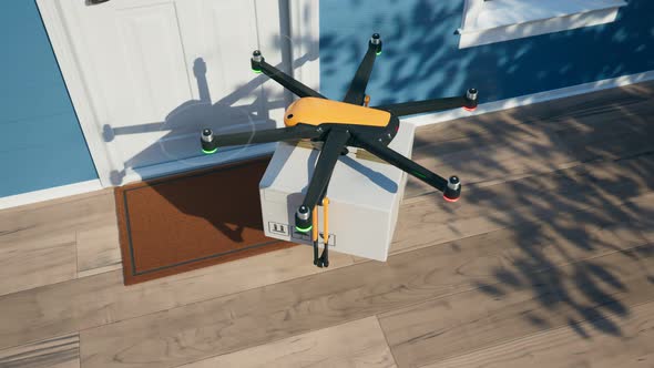 Hexacopter drone delivering ordered package directly to the door. Render 4k