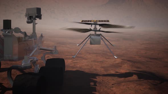 Vehicle and Helicopter on Mars in search of water