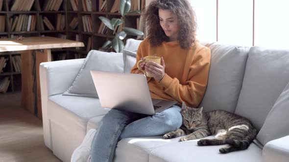 Relaxed Hispanic Teen Girl Using Laptop Watching Movie Playing with Cat on Sofa