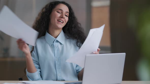 Young Woman Arabian Hispanic Girl with Curly Hair Female Businesswoman Secretary Sorting Papers