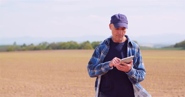 Agronomist Working on Tablet at Young Corn Field