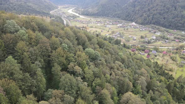 Aerial View of the Village in the Carpathian Mountains in Autumn. Ukraine