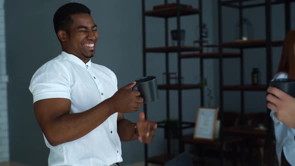 Closeup Portrait of Cheerful AfricanAmerican Business Man Laughing Having Fun Enjoy Communication at