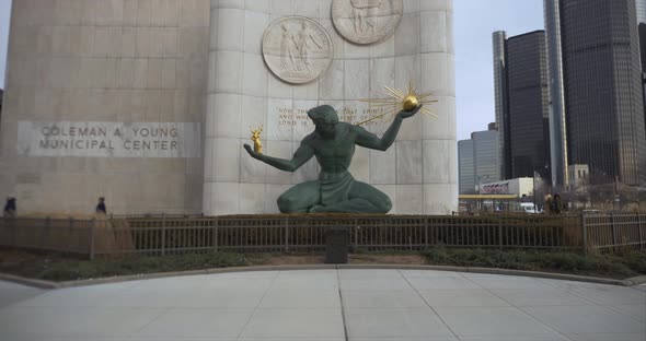 Establishing shot of the "Spirit of Detroit" located in downtown Houston. This video was filmed in 4