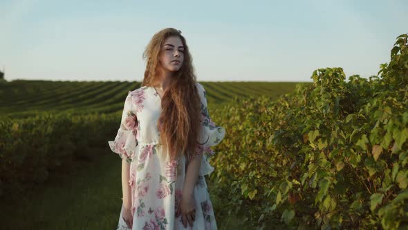 Beautiful Young Girl on a Walk Among Green Plantation Looks Around