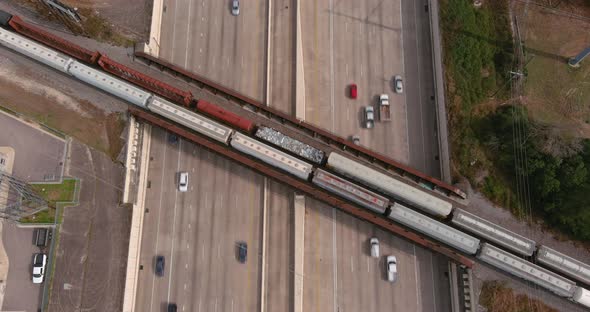 Birds eye view of cars on I-10 freeway in Houston, Texas.