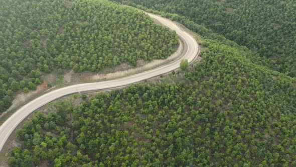 Empty Curved and Bended Mountain Road Among Forest