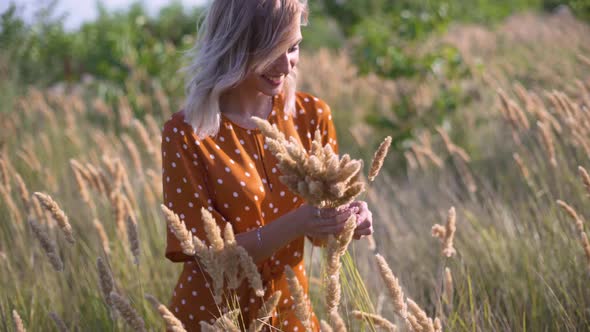 Beautiful Young Woman Walks in the Field Collects a Bouquet of Flowers and Spikelets