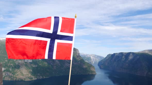 Norwegian Flag And Fjord Landscape