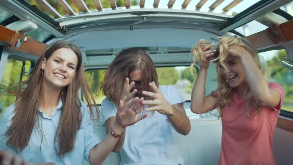 Group Of Friends Having Fun, Traveling In Car In Summer. Happy Smiling Young People