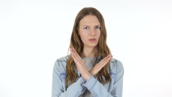 Rejection, Refusal of Offer by Beautiful Woman on White Background