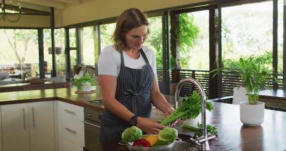 Happy caucasian pregnant woman wearing apron and washing vegetables in kitchen