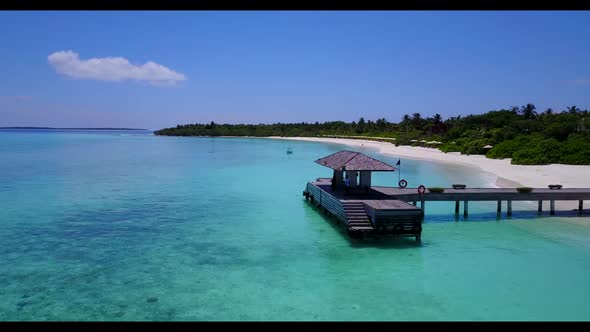 Aerial drone nature of perfect lagoon beach trip by turquoise ocean and white sand background of a d