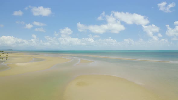 Aerial, Low Tide And Huge Sand And Empty Ocean Bed In Queensland Australia