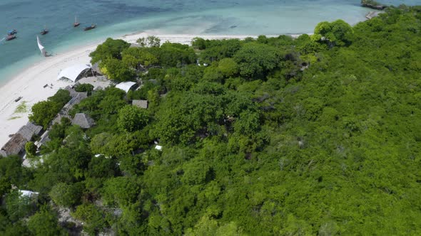 Fishing village bungalows in rainforest on tropical coast of Zanzibar.