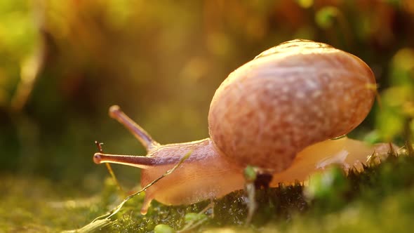 Close-up of a Snail Slowly Creeping in the Sunset Sunlight.