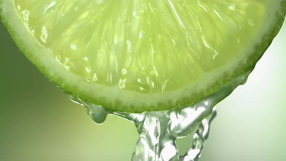 Slow Motion Macro Shot of Flowing Lime Juice From Lime Slice