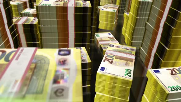 Flight over Euro money banknote packs loop