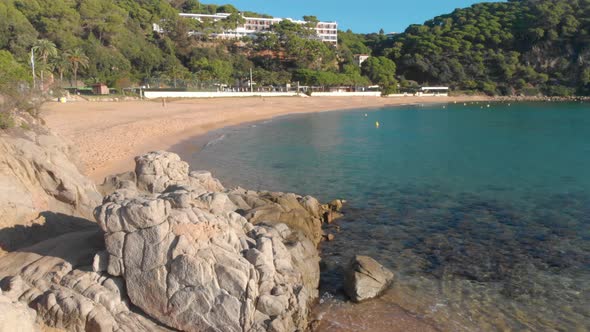 Costa Brava beach, aerial drone, paradise, turquoise green - Lloret de Mar Mediterranean - Spain