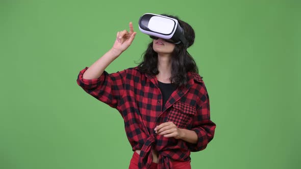 Young Beautiful Businesswoman Using Virtual Reality Headset