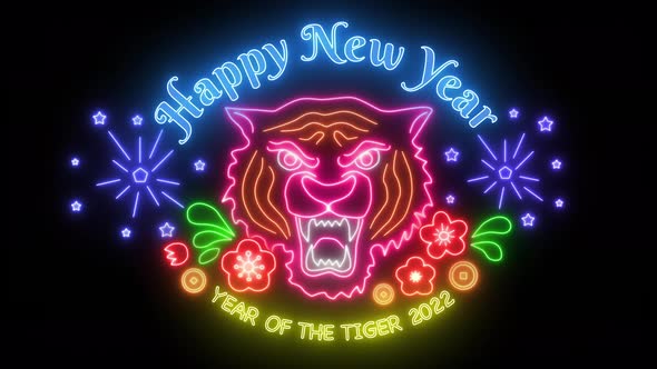 Happy Chinese New Year 2022 Year Of The Tiger Neon Animation Roaring Tiger