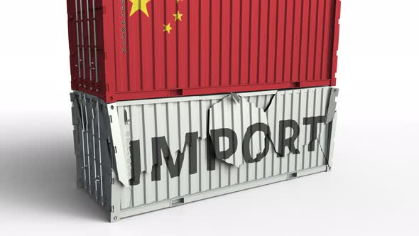 Container with Flag of China Breaking Container with IMPORT Text