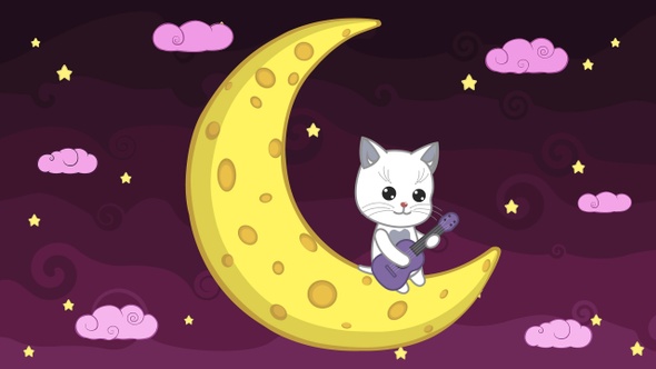 Cartoon Cat Plays Guitar On The Moon