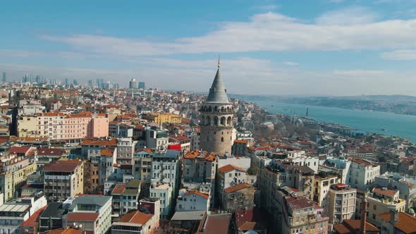 Aerial view of Galata tower, one of the ancient symbols in Istanbul. Bosphorus and Istanbul skyline.