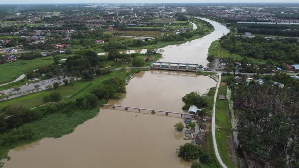 Aerial view Krian River across dam