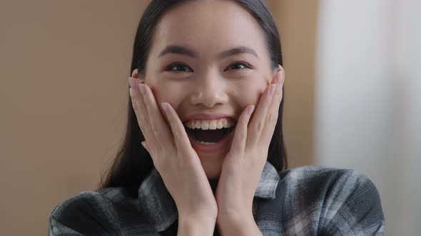 Close Up Surprised Female Face Oh My God Wow Expression Amazed Excited Asian Happy Woman Looking at