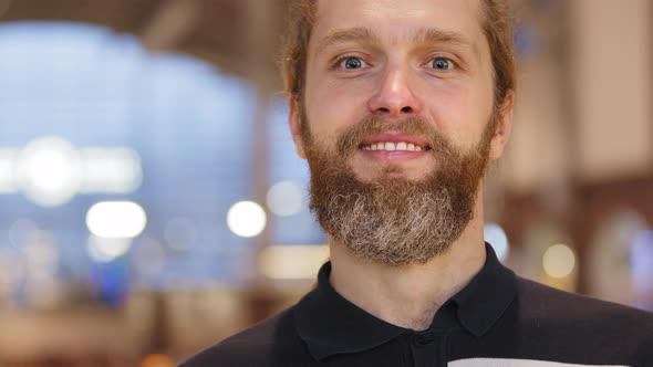 Portrait of Bearded Man Caucasian Guy Standing Alone Isolated Looking at Camera Sincerely Toothy